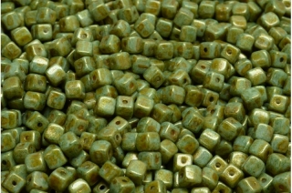 Cube beads, zelený travertin, 4 x 4 mm, 40 ks