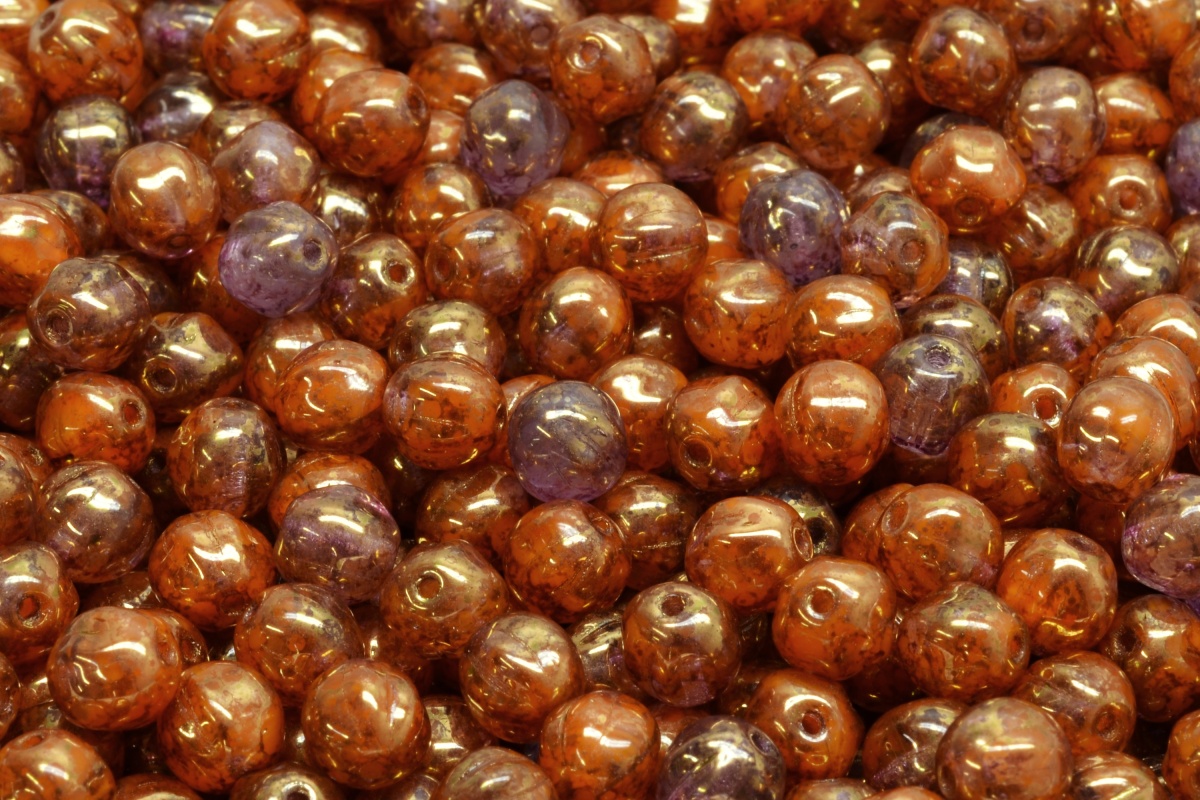 Melouny, 6 mm, fialovo-oranžová, zlatý listr, stříbrný zátěr, 20 ks