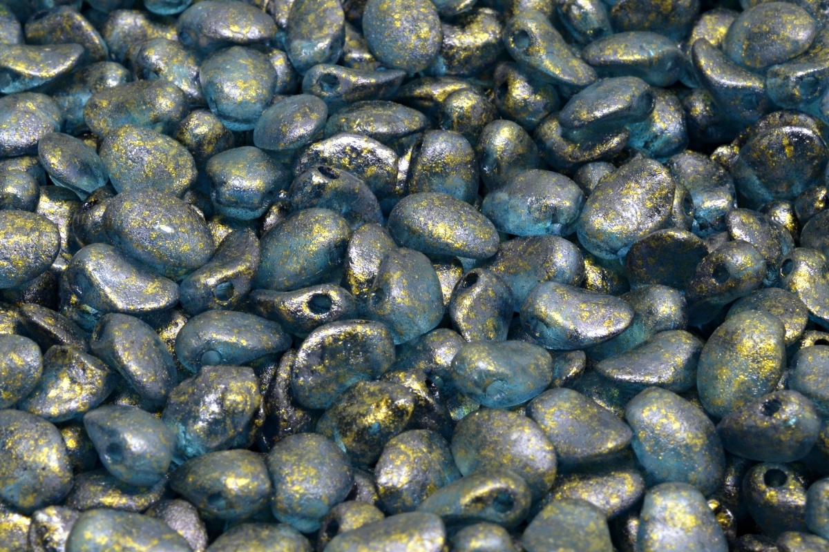 Okvětní lístky - Tulip petal beads, 4 x 6 mm, modrá mat, zlatý pokov, 20 ks