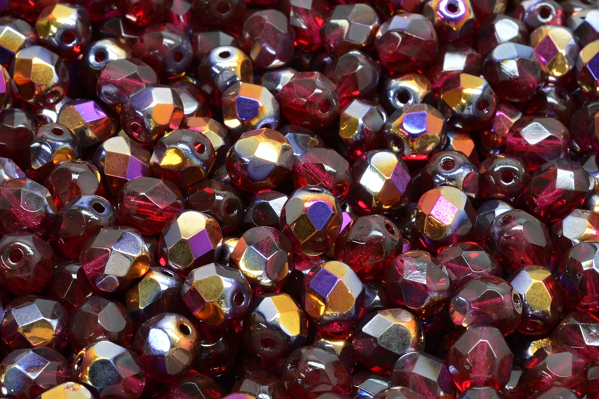 Broušené korálky, červené, půlpokov, 6 mm, 30 ks