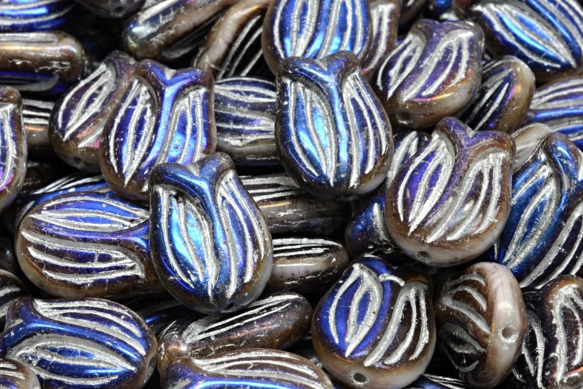 Tulipán, květ, šedý, pokov, stříbrný zátěr, 16 x 11 mm, 4 ks