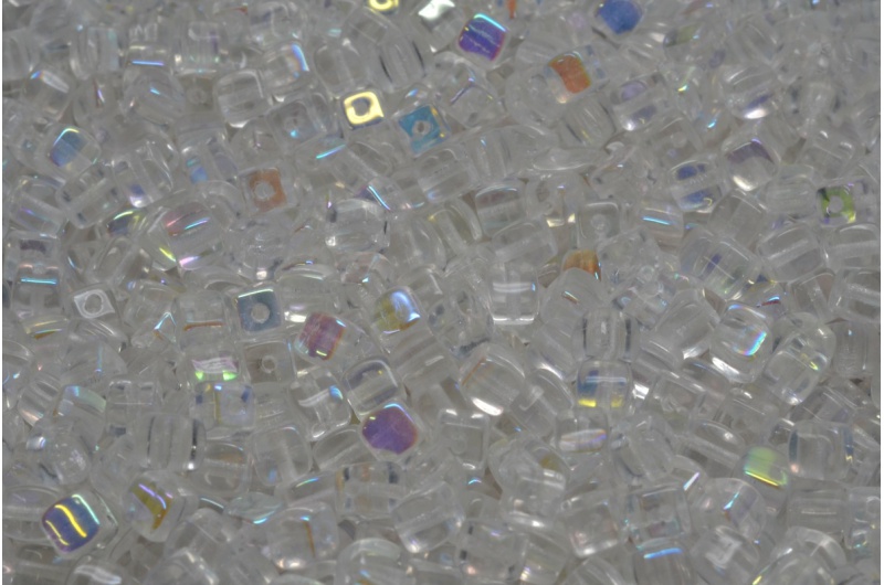 Cube beads, čiré, AB, 4 x 4 mm, 40 ks