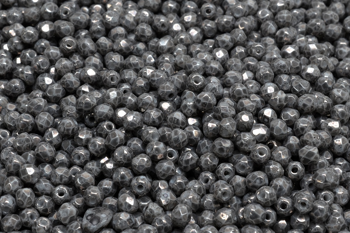 Broušené korálky, bílé, šedý nástřik, 3 mm, 60 ks