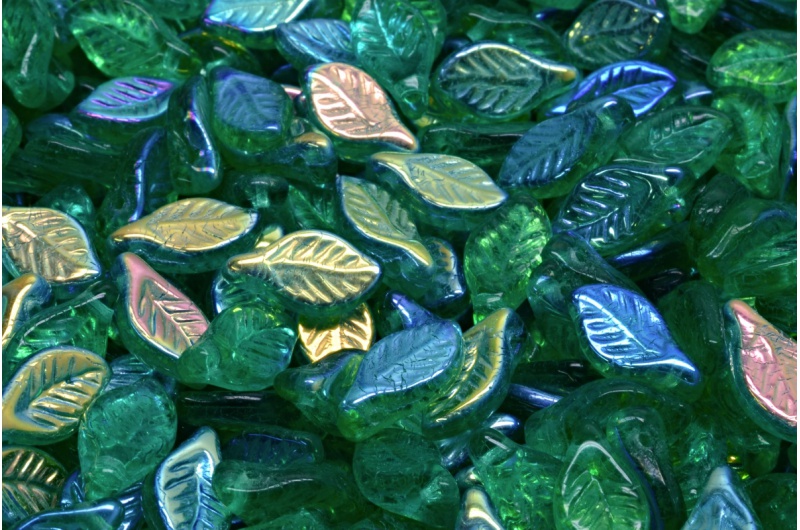 Lístek mačkaný, zelený, čirý, půl pokov, 6 x 12 mm, 14 ks