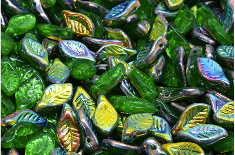 Lístek mačkaný, zelený, čirý, půl pokov, 6 x 12 mm, 14 ks