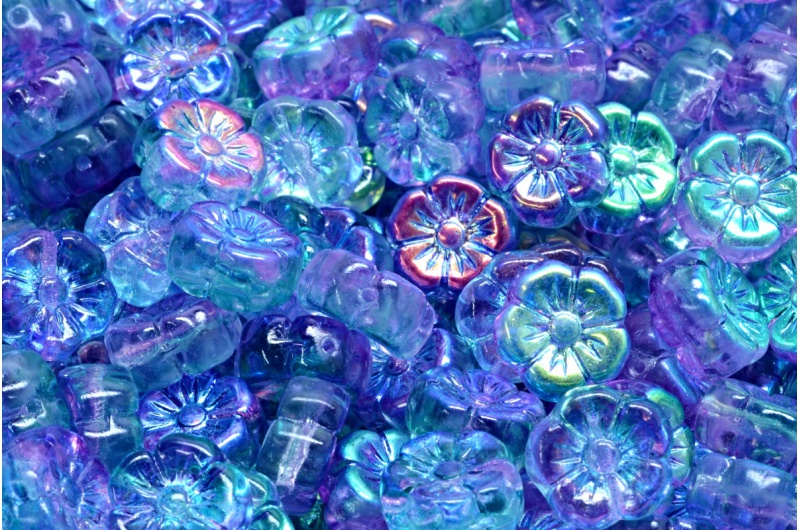 Květ mačkaný, 10 x 10 mm, čirý, duhový nástřik, 6 ks