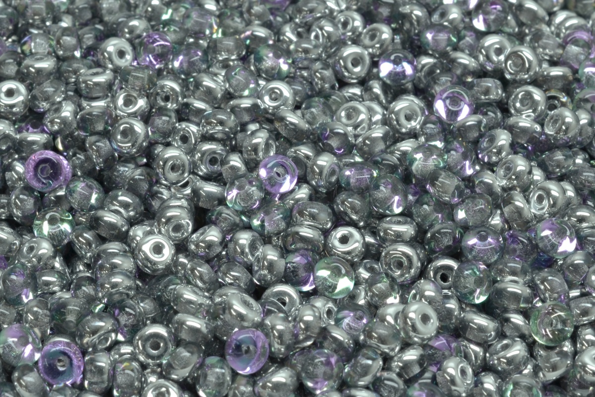 Rondelky, 2,5 x 4 mm, čirá, fialovo - modrý/stříbrný půlpokov, 5 gr