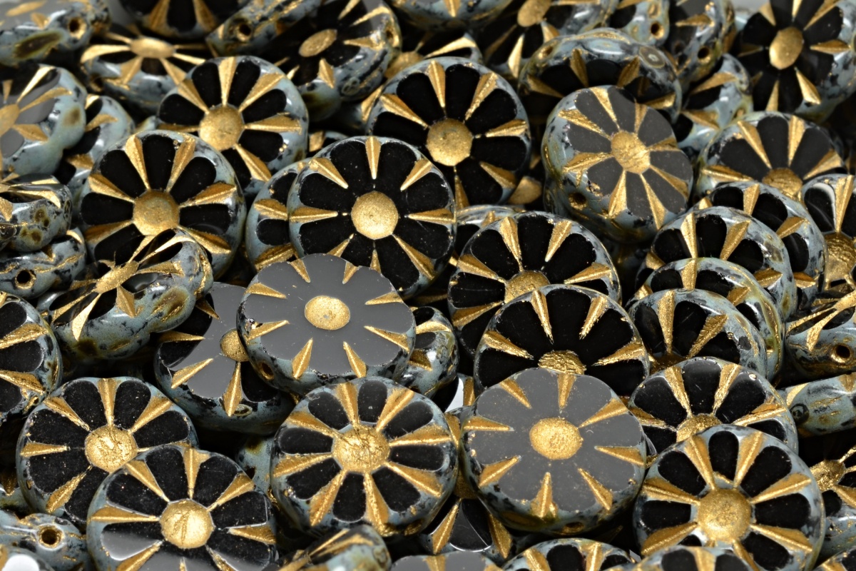 Kopretina, 12 x 12 mm, černá, zlatý zátěr, 4 ks