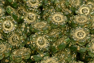 Květ zatíraný, 13 x 13 mm, zelený průhledný, zlatý pokov, 6 ks