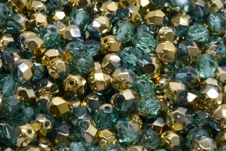 Broušené korálky, čiré, modrozelené, zlatý půlpokov, 6 mm, 30 ks
