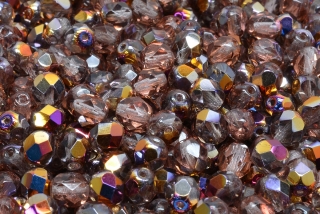 Broušené korálky, čiré, fialové, půlpokov, 6 mm, 30 ks