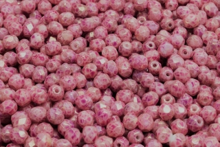 Broušené korálky, bílé, růžový nástřik, 4 mm, 40 ks