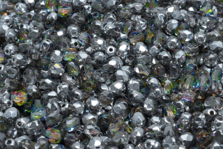 Broušené korálky, čiré, modrozelené, stříbrný půlpokov, 4 mm, 50 ks