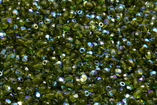 Broušené korálky, zelené, čiré, AB, 3 mm, 60 ks