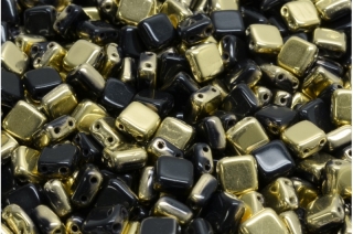 Dvoudírkové čtverečky, černé, zlaté, 6 x 6 mm, 30 ks