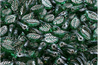 Lístek mačkaný, zelený, čirý, stříbrný zátěr, 6 x 12 mm, 14 ks
